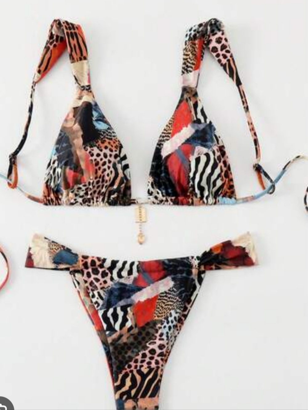Zaful Multicolor Animal-Print Triangle Bikini — Red, Blue, Black, Cream